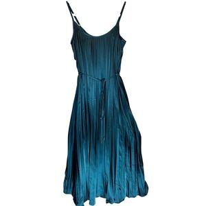 Bishop + Young Mara Dress Women Small Green Emerald Pleated Satin Midi Tie Waist